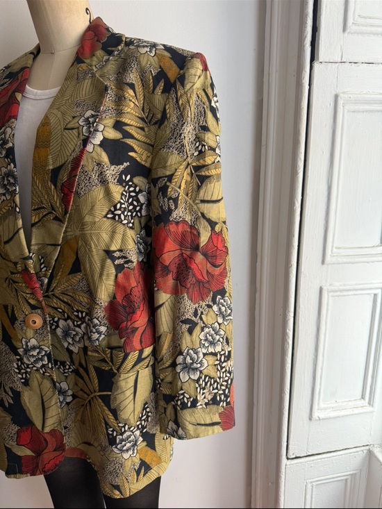 Tropical Safari Floral Linen Cotton Blazer Botanical Print Structured Tailored - Picture 6 of 9